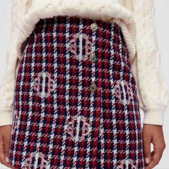BNWT MAJE Checked Clover Jacquard Skirt Navy/Red - Picture 3 of 5
